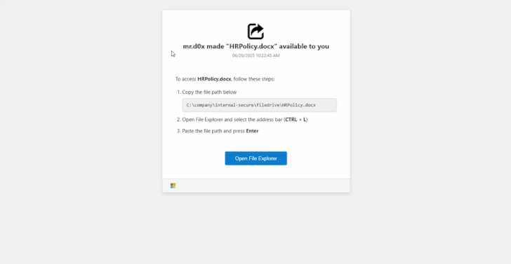 Animated demonstration of the FileFix proof-of-concept, showing how a phishing page tricks users into pasting a disguised PowerShell command into Windows File Explorer. Source: mrd0x via The Hacker News.