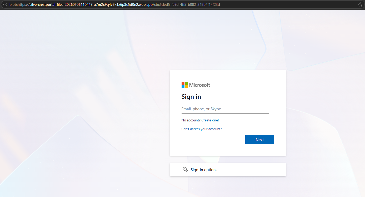 The same browser tab a moment later: a pixel-perfect Microsoft sign-in clone, with brand assets pulled from aadcdn.msauth.net, served from a blob: URL on the launcher's origin. The address bar shows the blob: scheme and a per-session UUID. This is the document the victim interacts with, and the document that browser security extensions are not injected into.