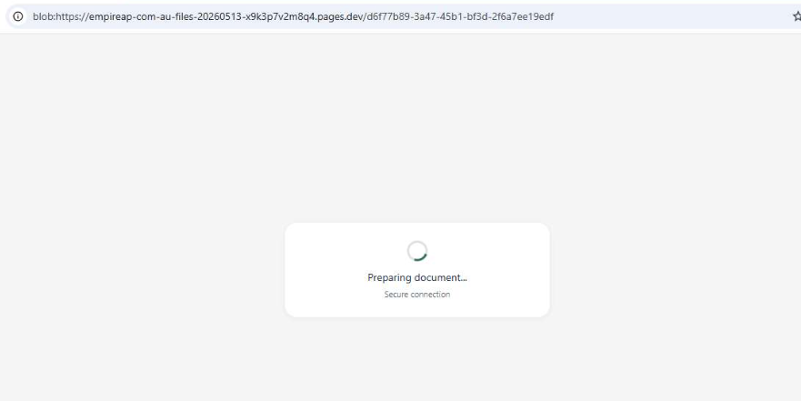 A captured launcher page on a Cloudflare Pages subdomain, showing only a "Preparing document..." spinner. The address bar has already transitioned to a blob: URL by this point. The HTML body contains no form fields, no brand assets, and nothing for a content scanner to match against.